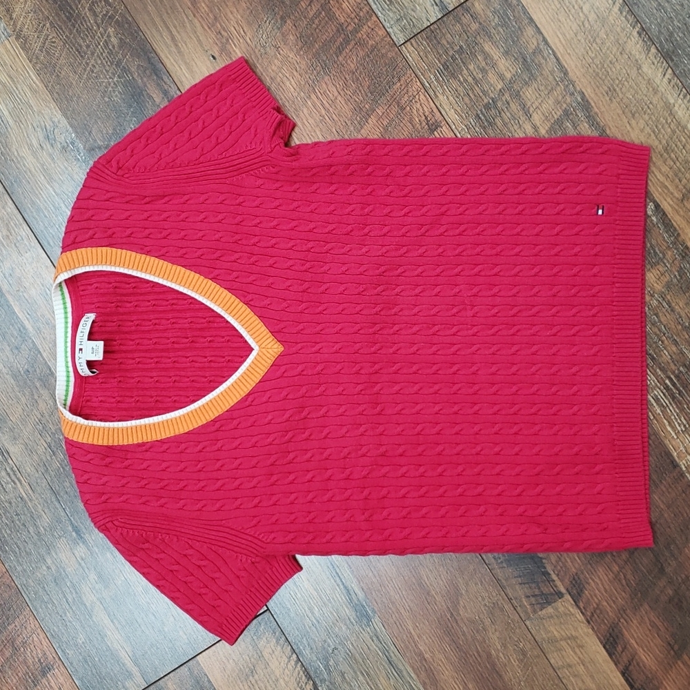 Tommy Hilfiger Bright Pink Short Sleeve Cable Knit V-neck Top, Size Small